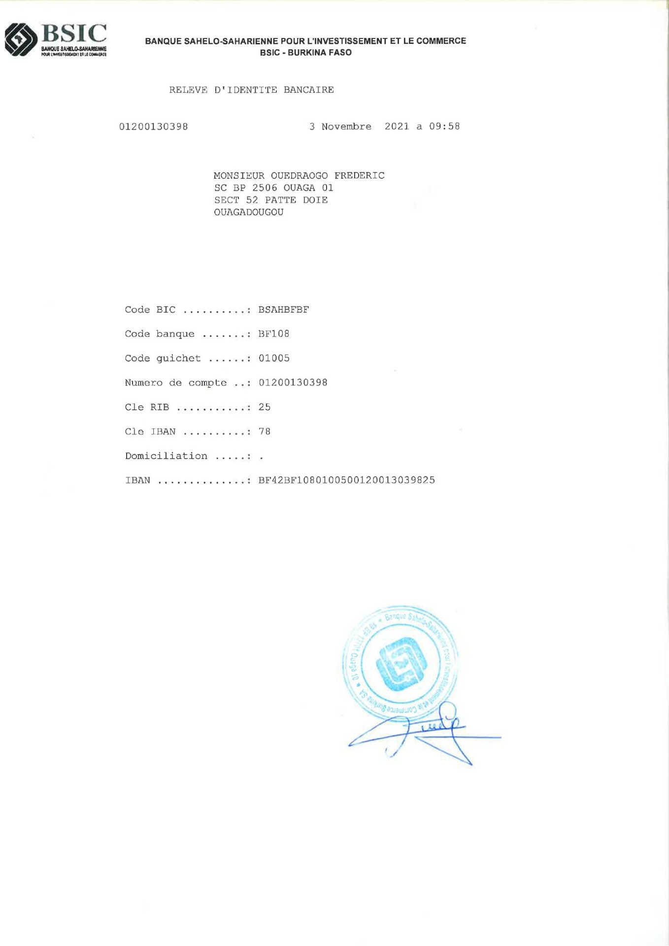 Dons RIB BSIC BANQUE